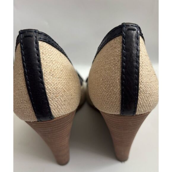 Tory Burch Leticia Peep-Toe Canvas /Leather Wedge Size 8.5 - Picture 7 of 9